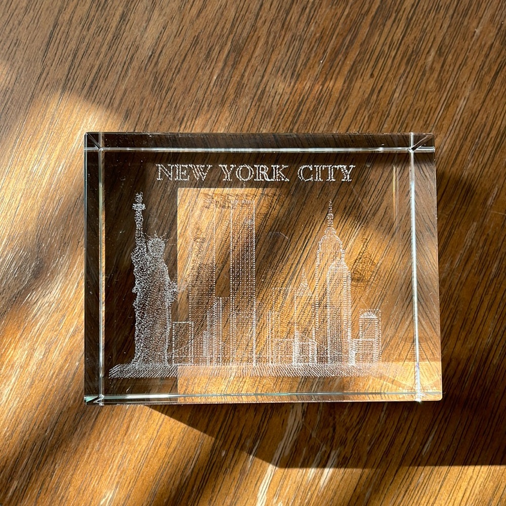Vintage Etched Glass New York City Paperweight